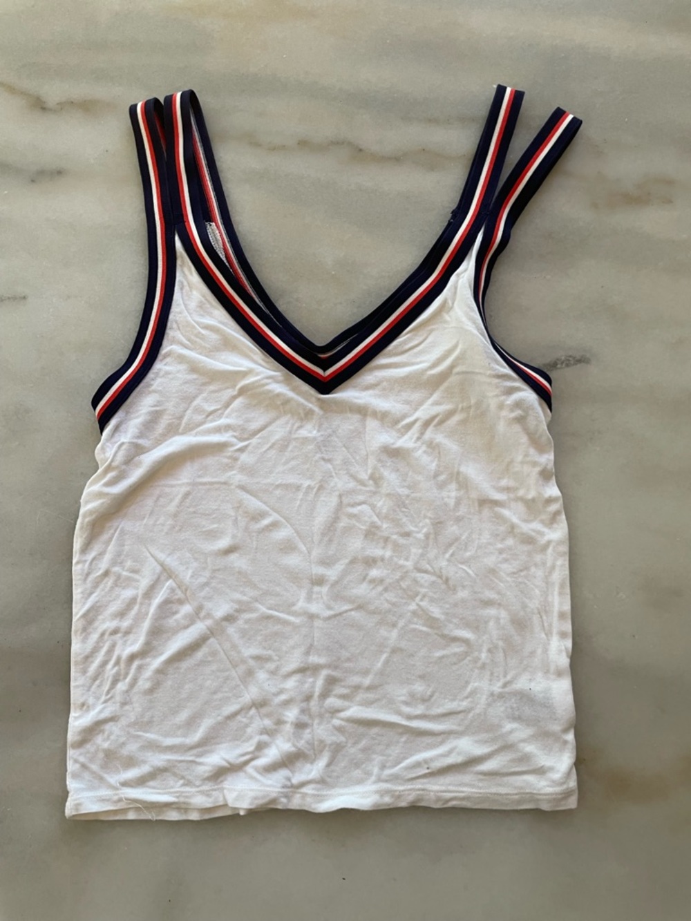 American Eagle Classic White V-Neck Tank with Navy & Red Trim size S